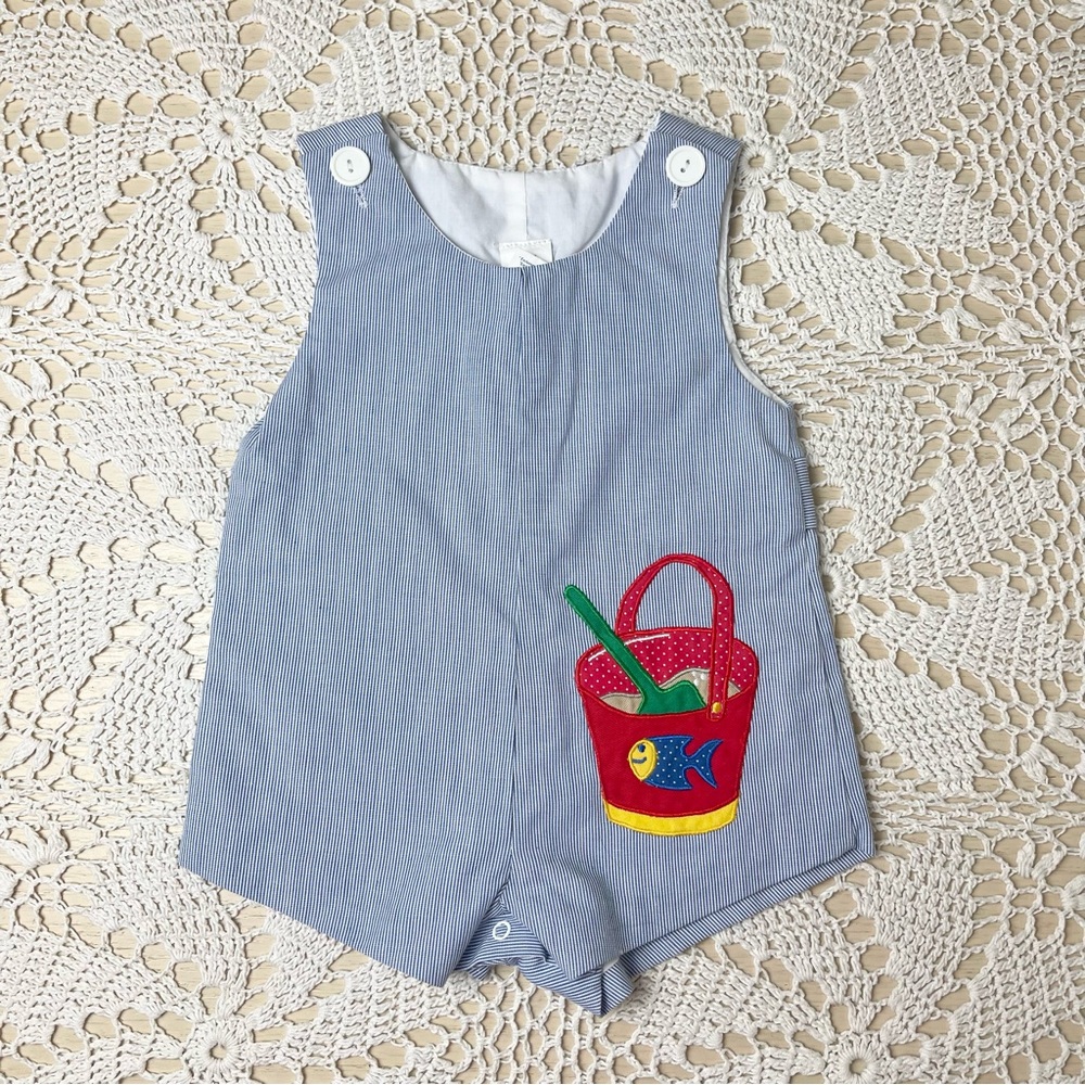 Vintage 1980s Samara Baby Boy 3/6 Months Blue Beach Sand Bucket Summer Romper